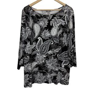 J. Jill Wearever Collection Paisley Floral Stretch Top 3/4 Sleeves Black Gray